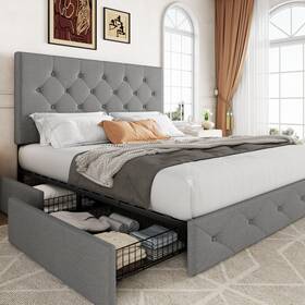 Allewie Ak-8098-2 Upholstered Queen Size Platform Bed Frame With 4 Storage Drawers And