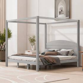 Euroco 196986125636 Modern Glam King Canopy Platform Bed Frame Solid Gray Wood With Headboard New