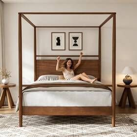 Klwenas Maec 313025019040 King Size Wood Canopy Bed Frame Walnut Vintage Four-posters Platform Frames