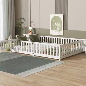 Nestfair 445051955931 White Wood Frame Queen Size Platform Bed With Safety Guardrails And Door