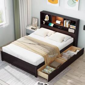 Polibi 313102594538 Brown Wood Frame Twin Platform Bed With Bookcase Headboard