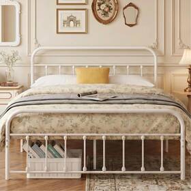 Vecelo T2-mb8-queen-whe-k26 White Metal Bed Frame Queen Size Vintage Headboard And Footboard No