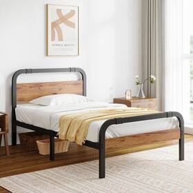Ziyoo B0ch8pb7z6 Industrial Style Twin Size Metal Bed Frame Solid Wood Headboard And
